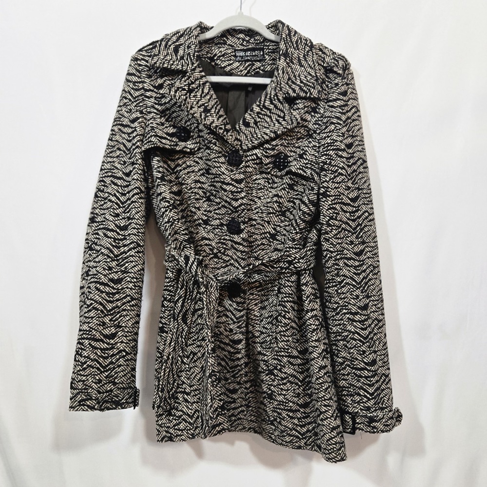 Miss Azzurra Italy Women's 42 Belted Coat Black Cream Abstract Trench